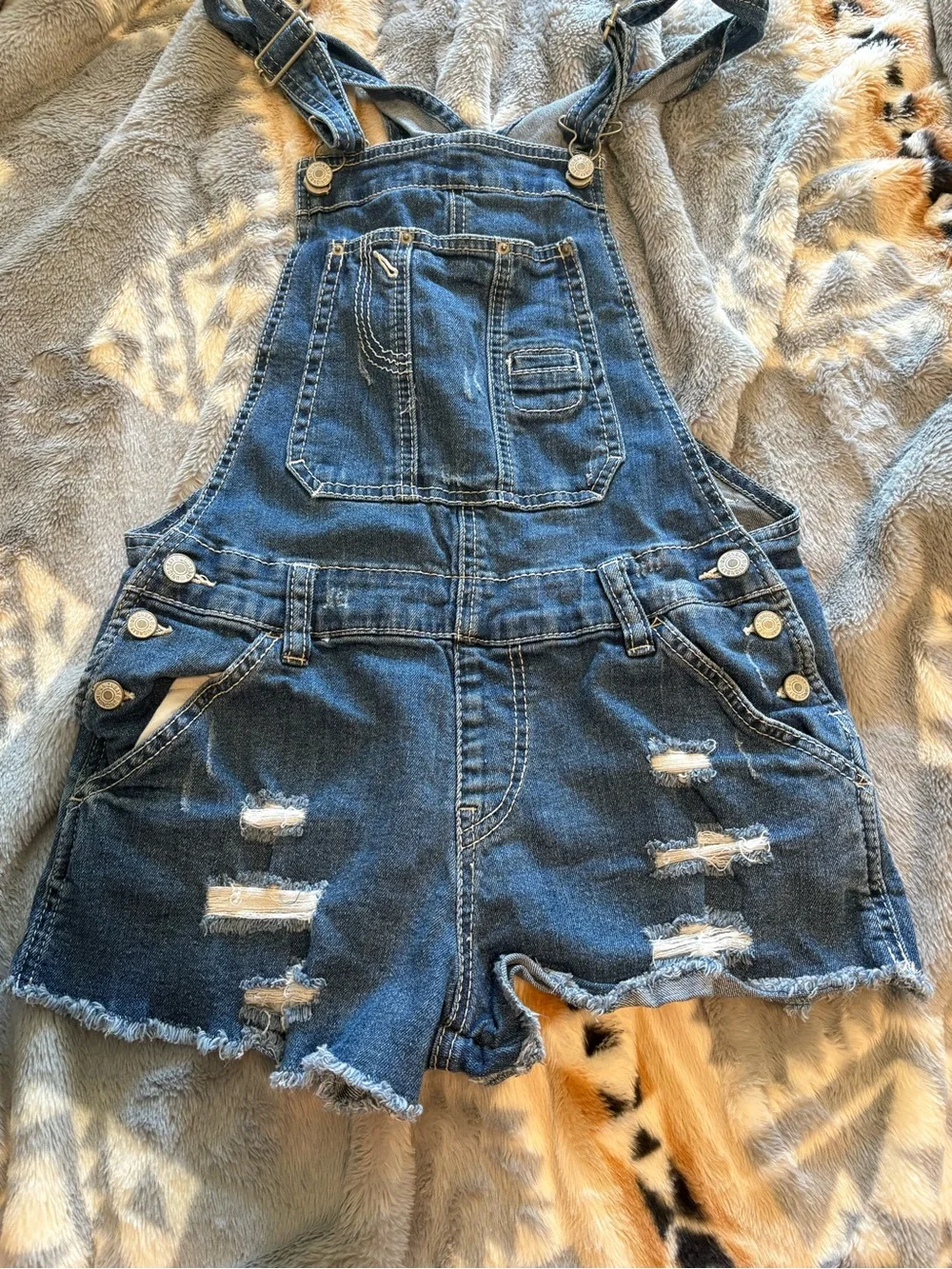 UNIONBAY Blue Distressed Denim Short Overalls